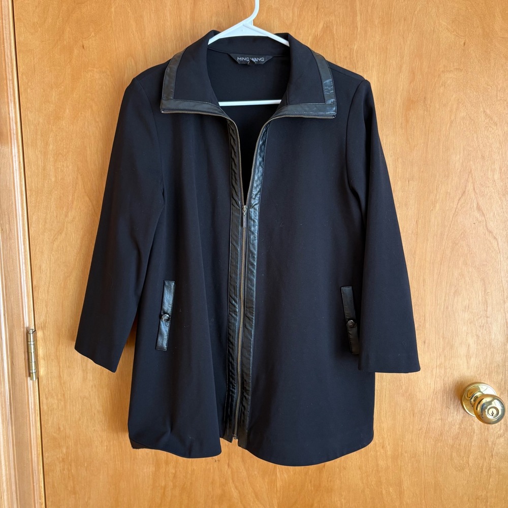 Ming‎ Wang Zip Front Jacket Women XS Black Faux Leather Trim Professional Work